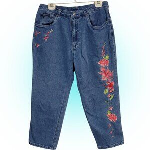 PRETTY FLORAL EMBROIDERED CROPPED PANTS JEANS EUC L